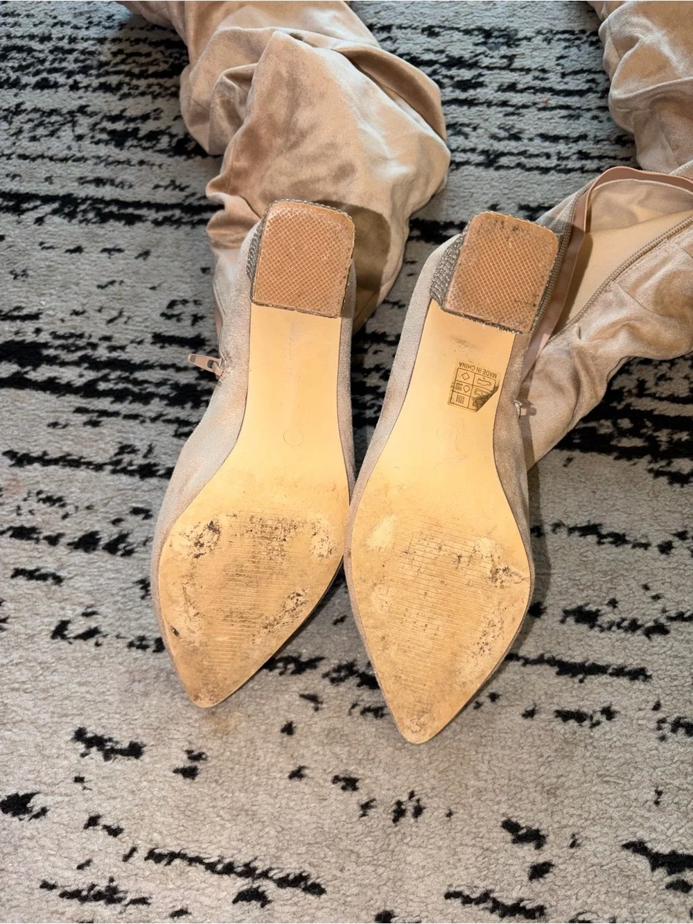 Over-the-Knee Slouchy Velvet Boots in Champagne with Sparkly Rhinestone Heel